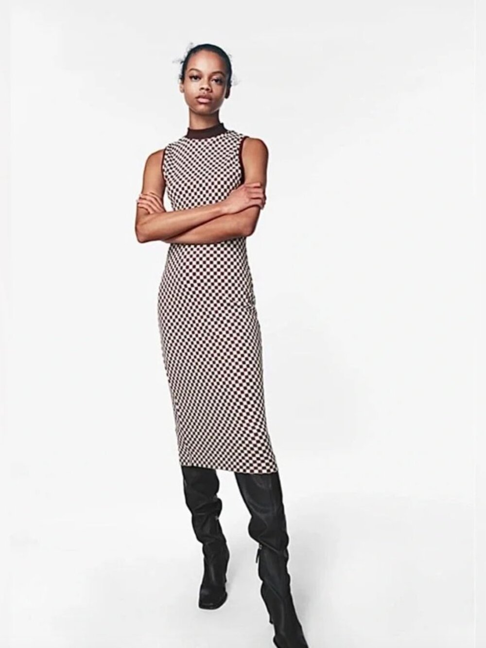 Zara Jacquard Checker Printed Midi Dress S